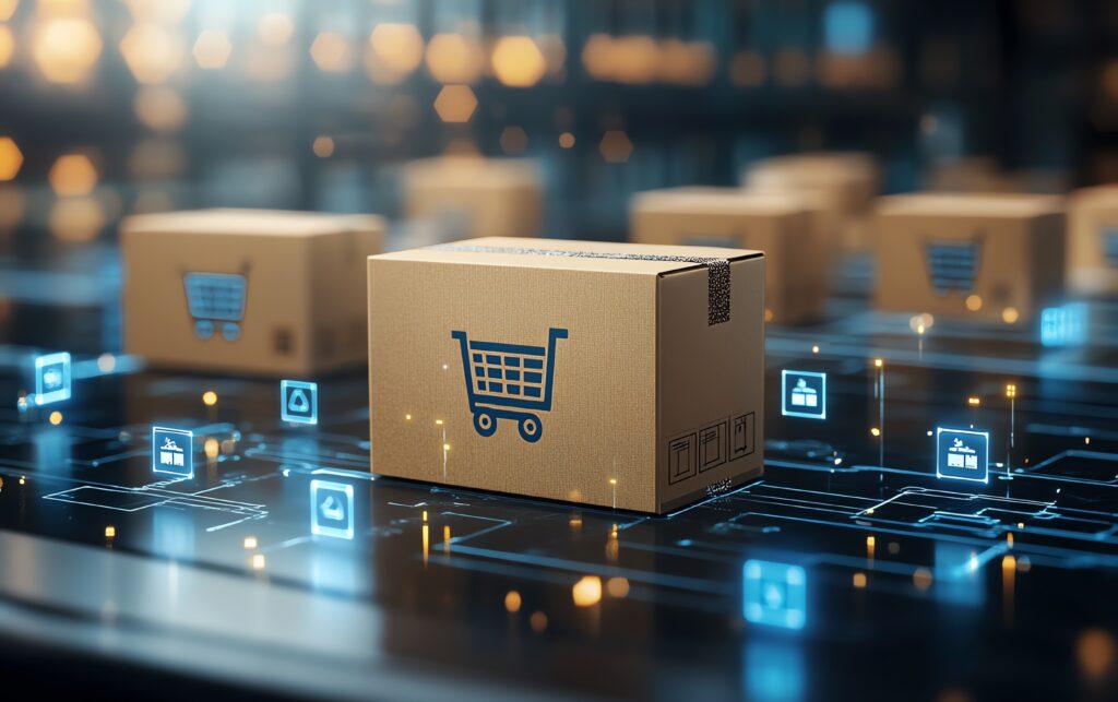 Ecommerce product box with order numbers, exportimport trade concept, marketplace platform integration, and transportation logistics in action