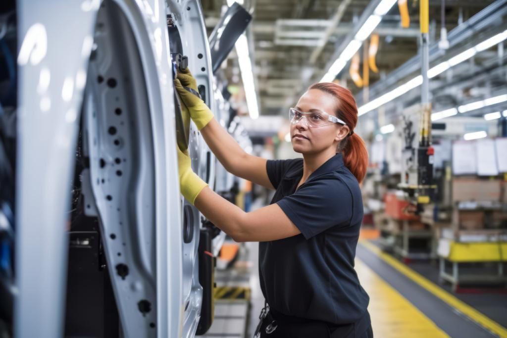 Confident female worker skillfully operating high-tech machinery in a modern automotive manufacturing setting