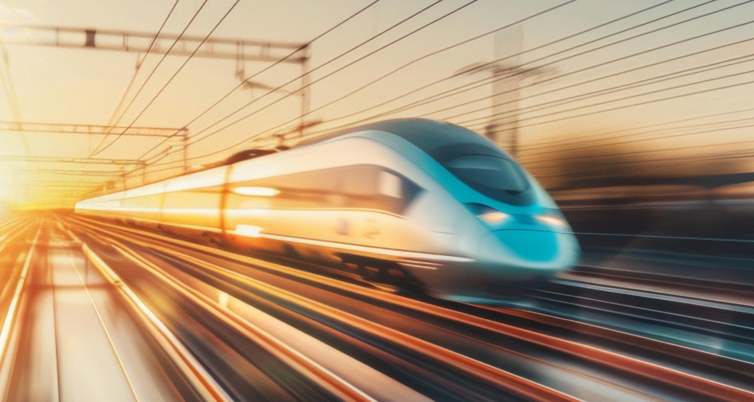 High-speed train blurring by, with motion blur signaling swift travel at dusk.