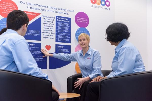 A group of Unipart employees seated talking to each other