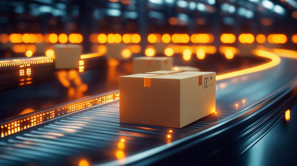 Cardboard box moving on conveyor belt in modern distribution warehouse.