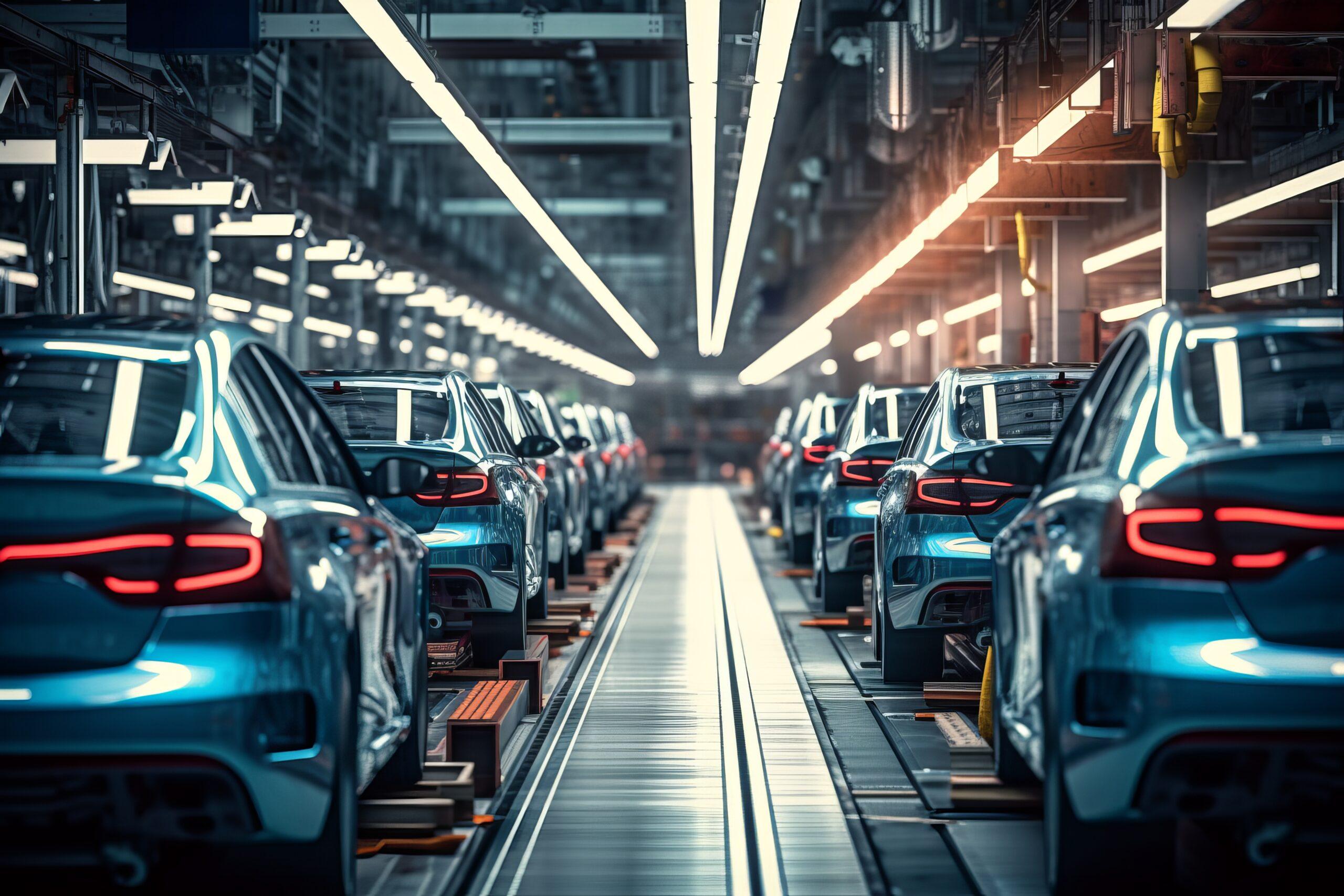 An automotive factory showing cars on a production and assembly line.