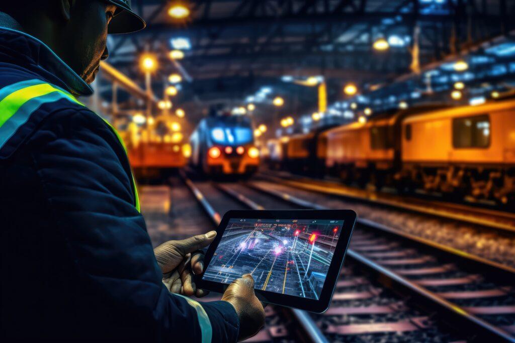A railway worker wearing a high-visibility vest and hard hat is monitoring train operations using a tablet in a train depot.