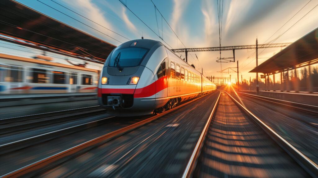 A high speed train moving through a station.