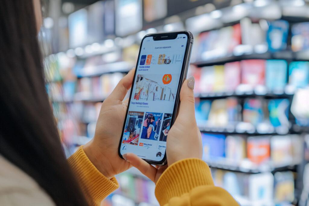 Woman in a shop holding mobile phone with online retail shop app open.