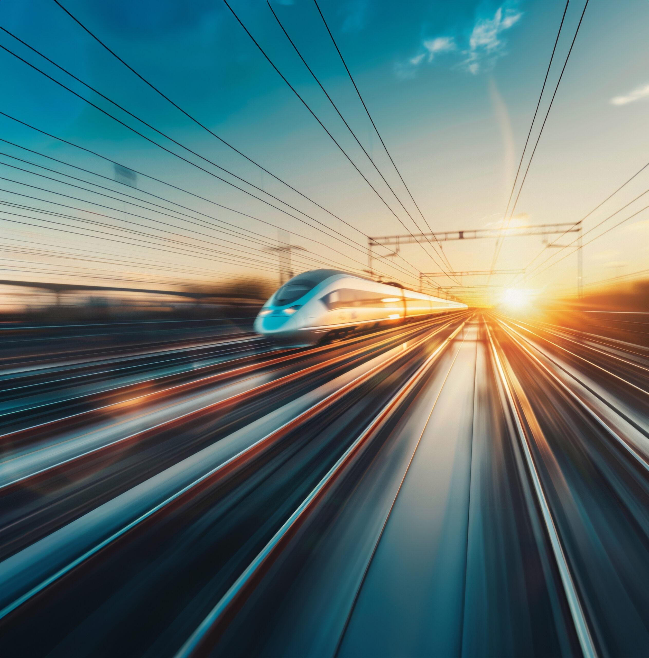 High speed train moving along railway tracks.