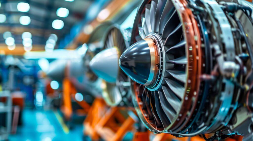 Aerospace manufacturing - Close Up of Jet Engine Assembly in Factory