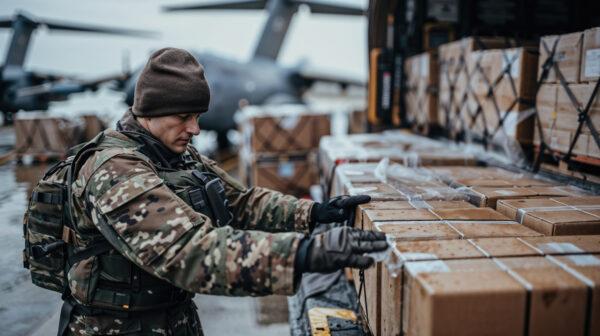 A soldier inspects cargo boxes against the backdrop of a military aircraft.