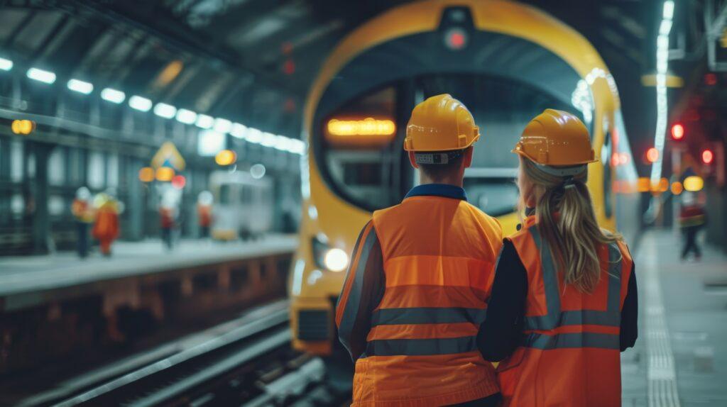 Two railway workers wearing high-visibility orange vests and yellow hard hats stand on a train platform, observing an incoming yellow train.