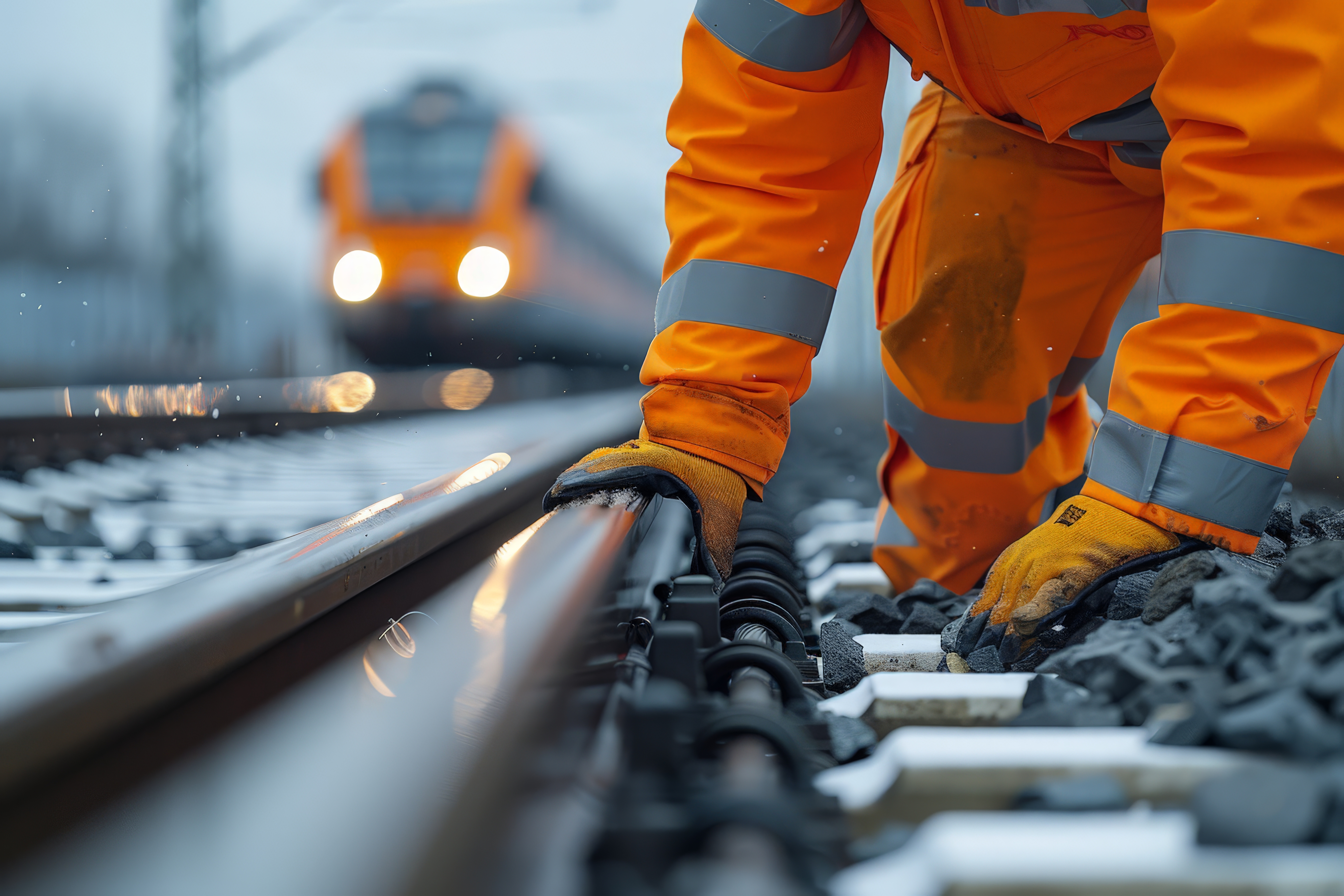 A railway worker wearing high-visibility orange protective clothing and gloves is inspecting or repairing train tracks. The worker is crouched down, with one hand touching the rail and the other stabilizing on the gravel bed. In the background, a train with bright headlights approaches, slightly blurred, creating a dramatic and urgent atmosphere.