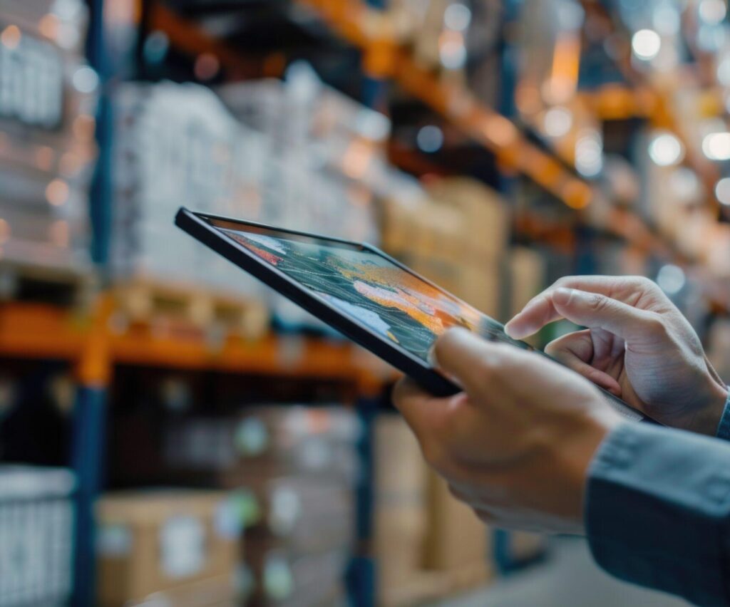 A closeup of a supply chain consultant using a tablet to monitor global logistics performance.
