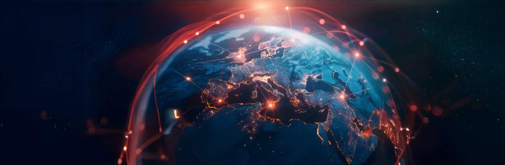 The globe with interconnected points lit up