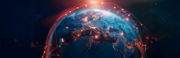 The globe with interconnected points lit up