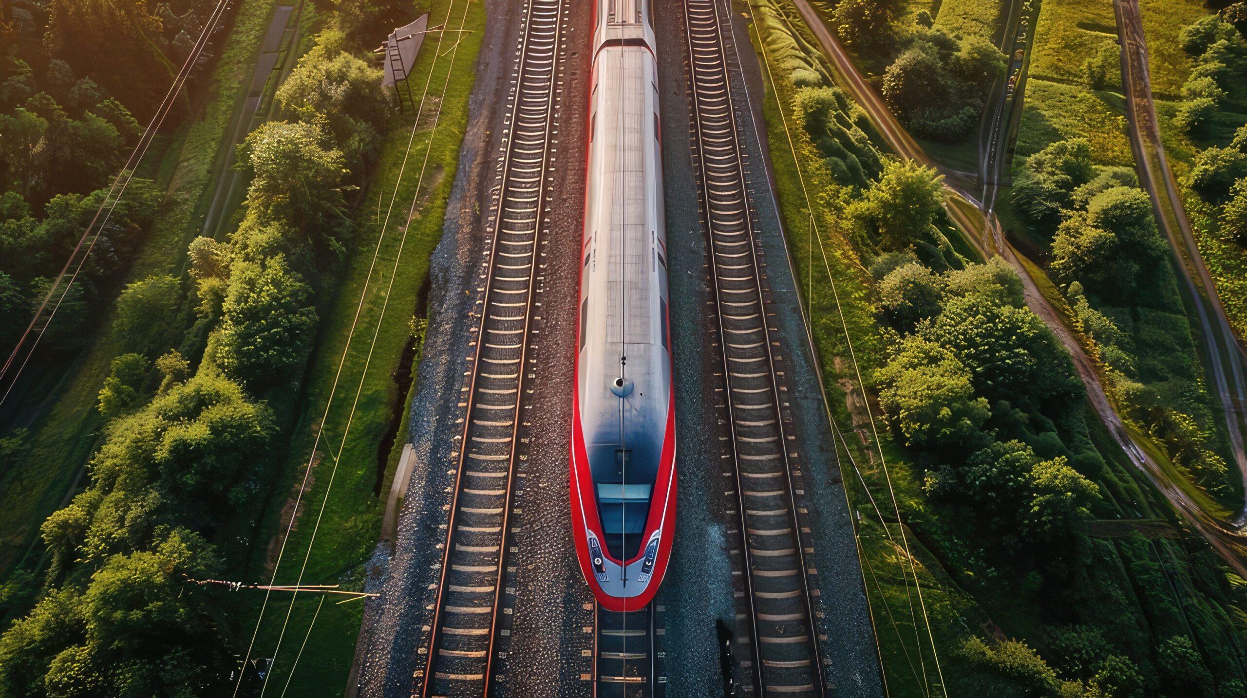 A red and silver high-speed train travelling through a rural area.