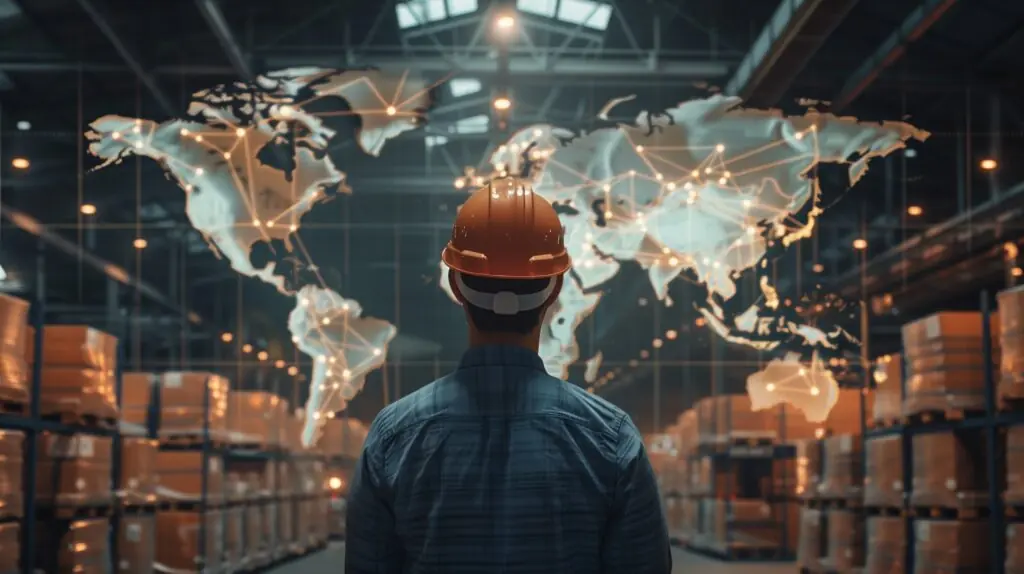 Man in an orange hard hat looking at world map digitally overlaid over the background of a warehouse.