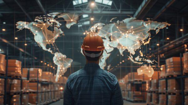 Man in an orange hard hat looking at world map digitally overlaid over the background of a warehouse.