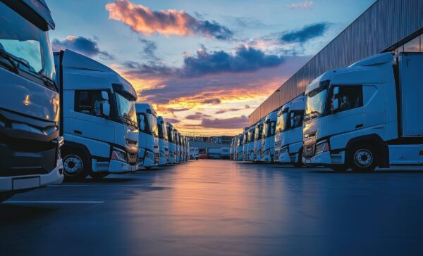 Trucks lined up at a transportation yard during sunset in the evening.