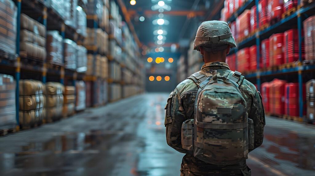 A soldier stands in a large defence warehouse filled with supplies, overseeing logistics and inventory management in a secure facility.