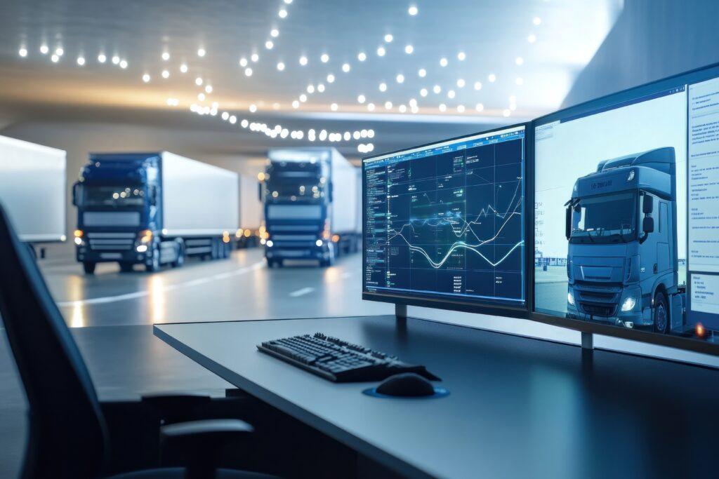 A modern logistics control center with real-time TMS software displaying live tracking of multiple vehicles, optimizing routes and ensuring on-time deliveries.