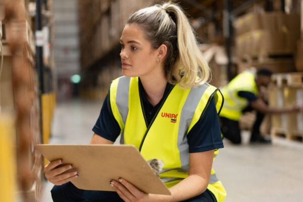 Unipart warehouse worker crouching inspecting inventory.