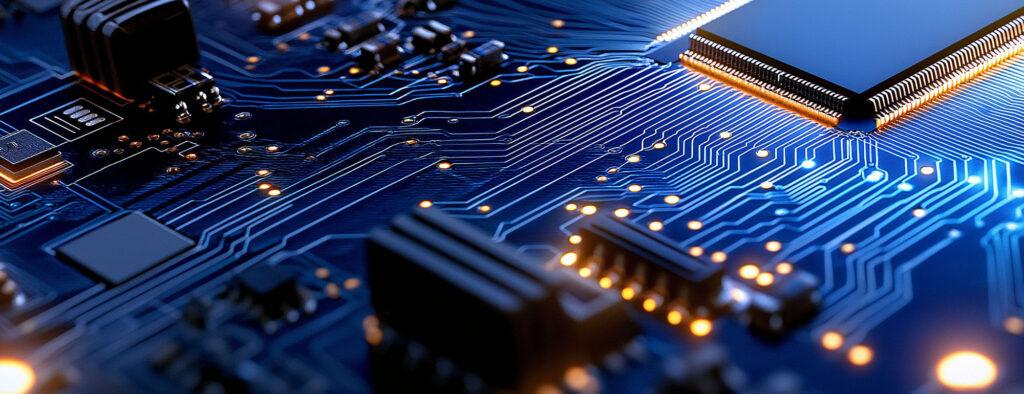 A close up view of microchip on circuit board, showcasing intricate details and glowing connections