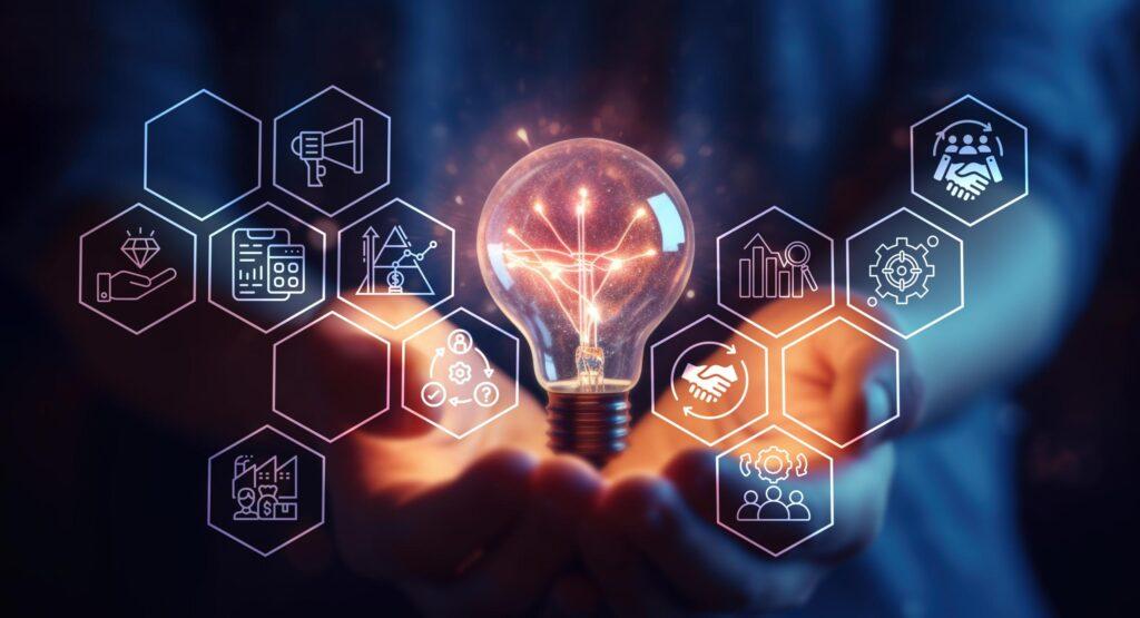 Person holding a lightbulb with icons around it