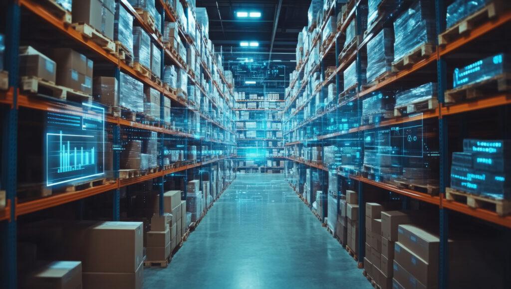 Smart warehouse management system using augmented reality technology to identify package picking and delivery . Future concept of supply chain and logistic business