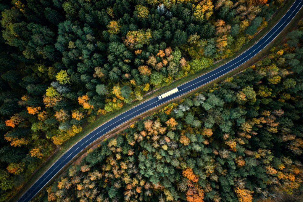 A lorry driving down a road surrounded by forest.