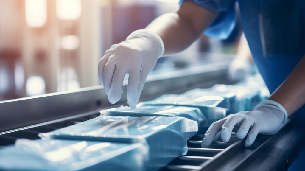 Hands of a worker placing packaged medical equipment into boxes on a conveyor belt, part of the healthcare supply chain.