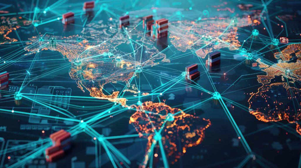 Global supply chain network with interconnected shipping routes and distribution hubs.