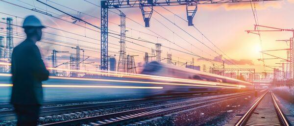 Engineer watching a train pass through a station at dusk.