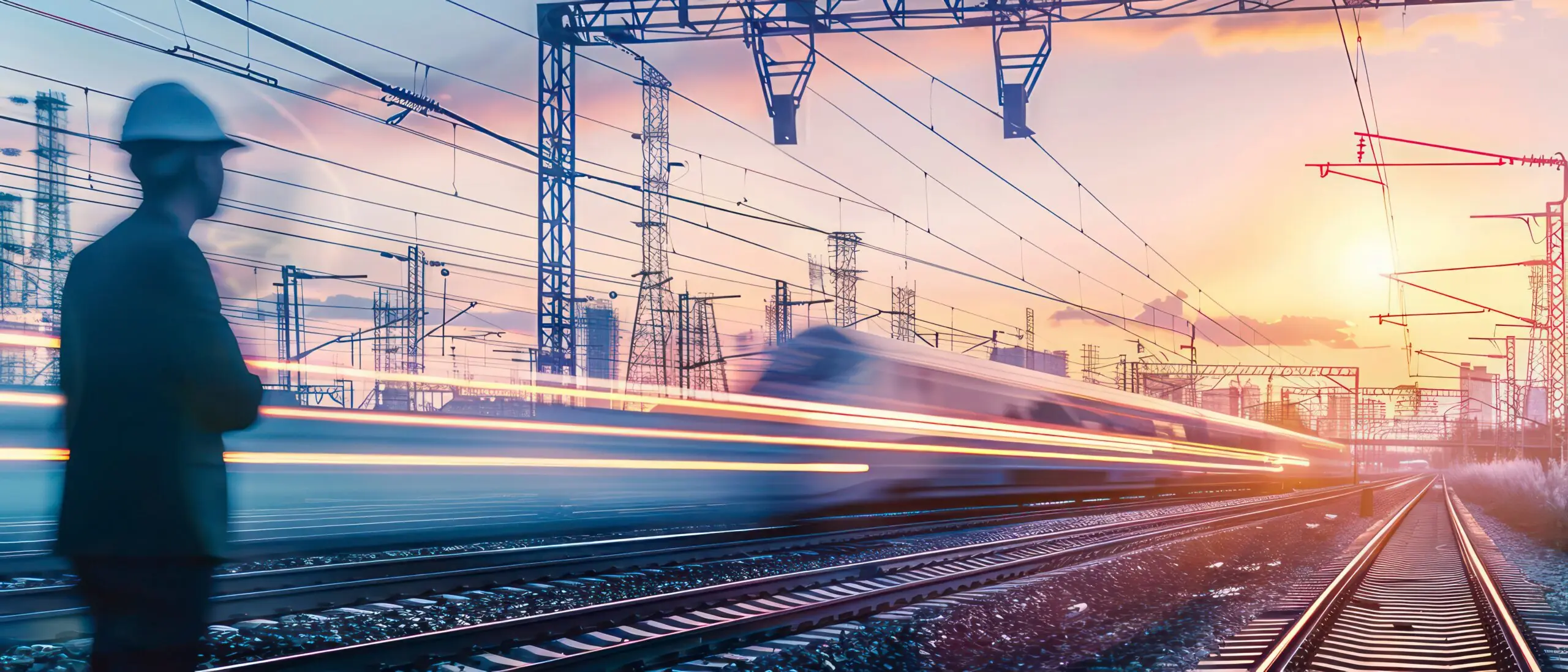 Engineer watching a train pass through a station at dusk.