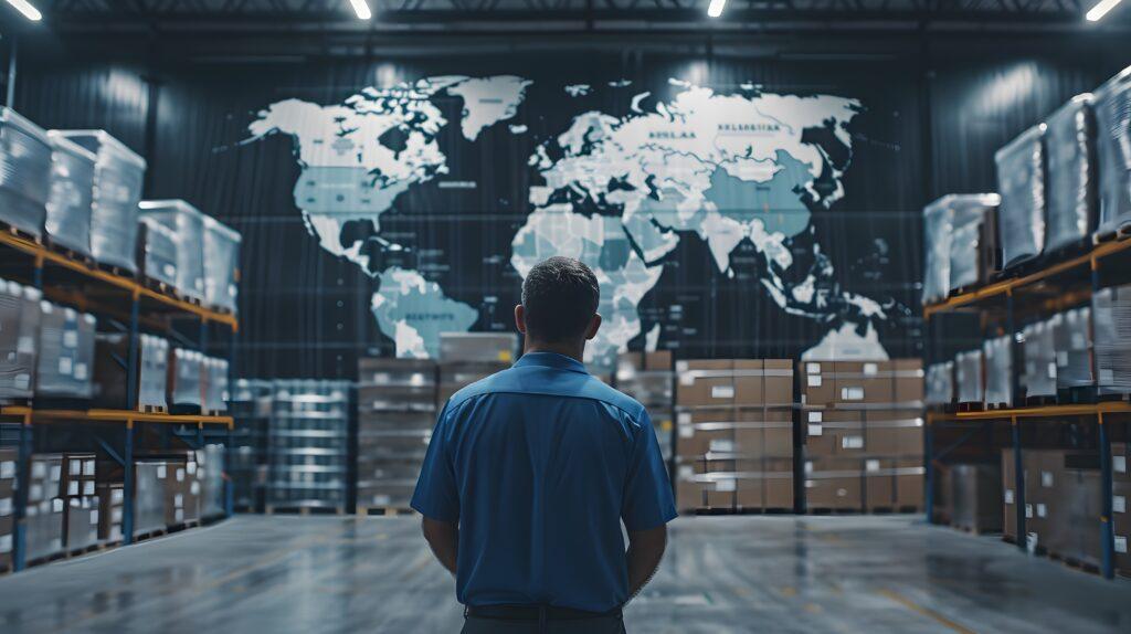 Back view of a worker in the warehouse, standing before a world map highlighting global trade points.