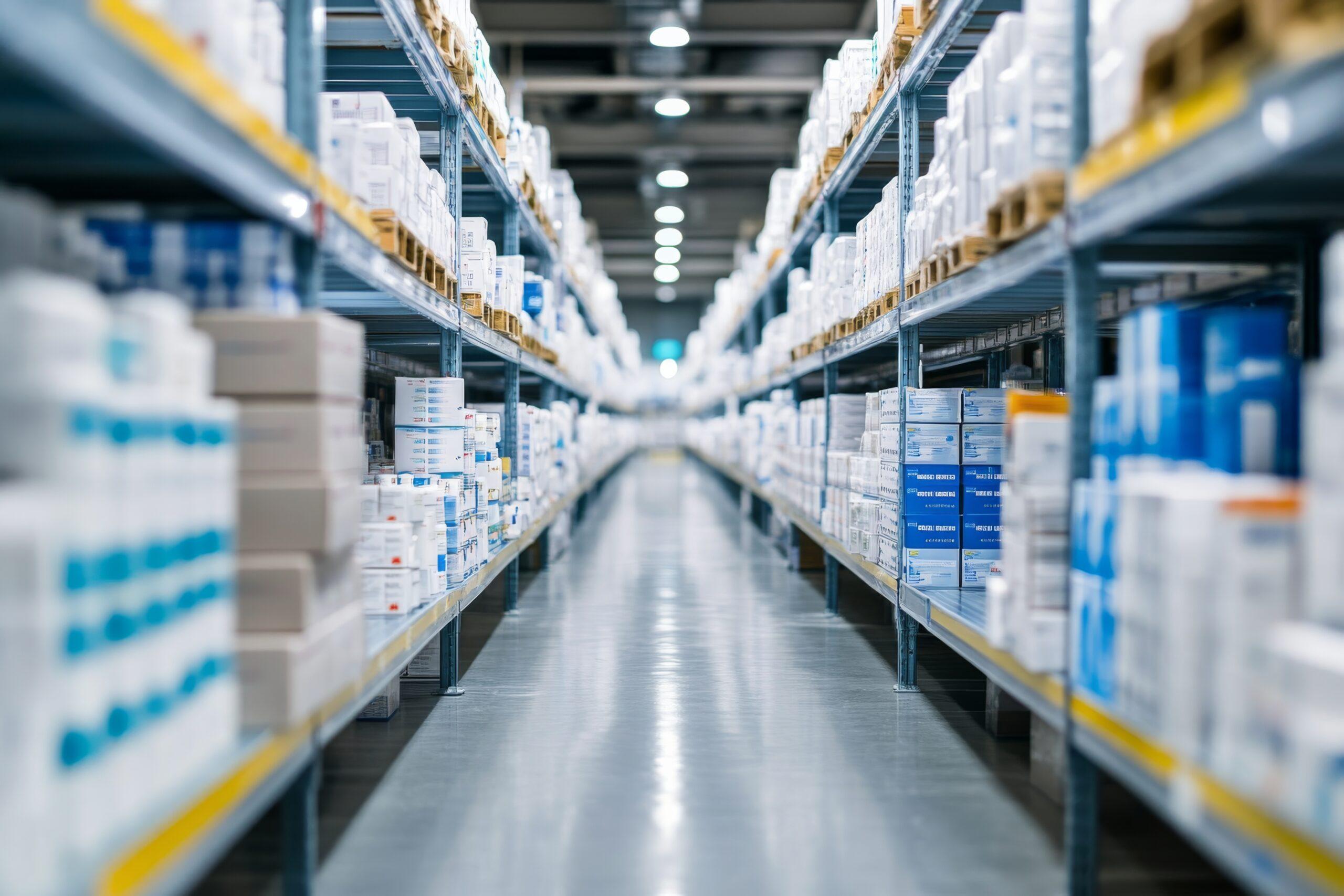 A well-organized pharmaceutical warehouse shows neatly arranged medication boxes on shelves, highlighting the efficiency of distribution operations in the healthcare supply chain