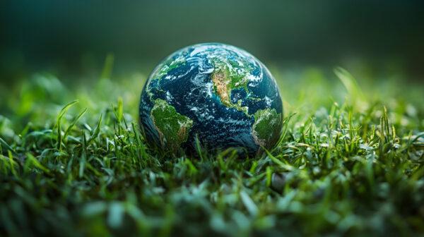 Earth globe on green grass with bokeh background, save earth concept