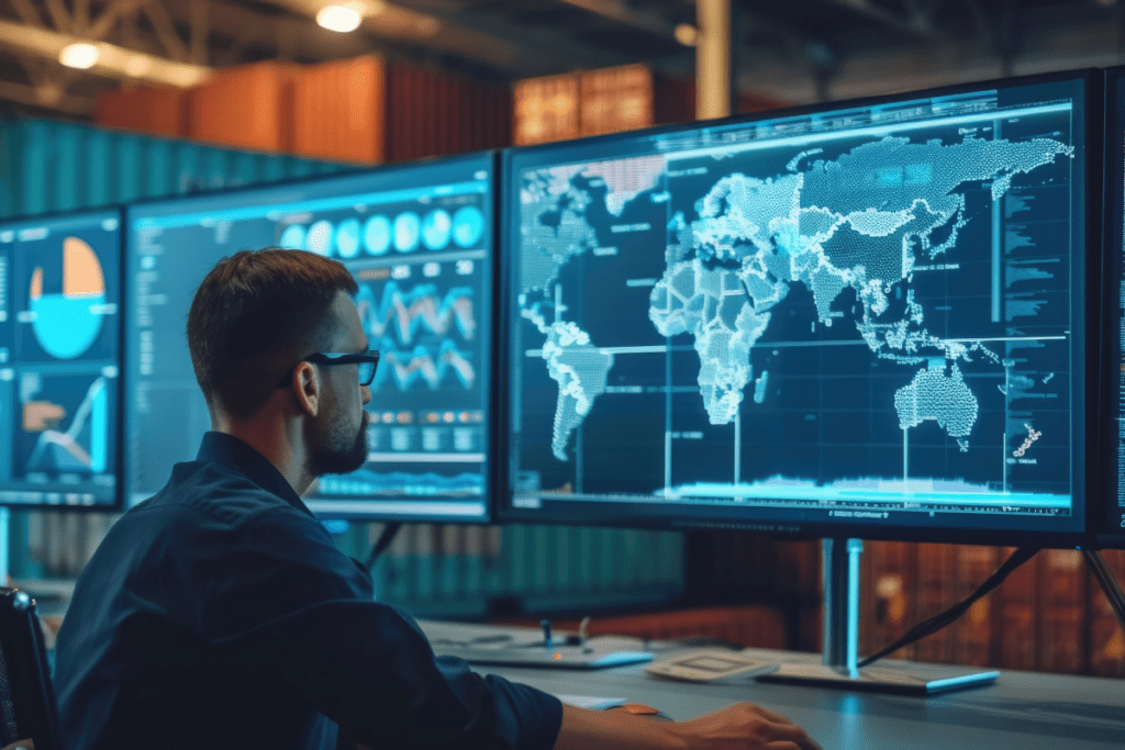A man looks at a map of the world on a computer screen