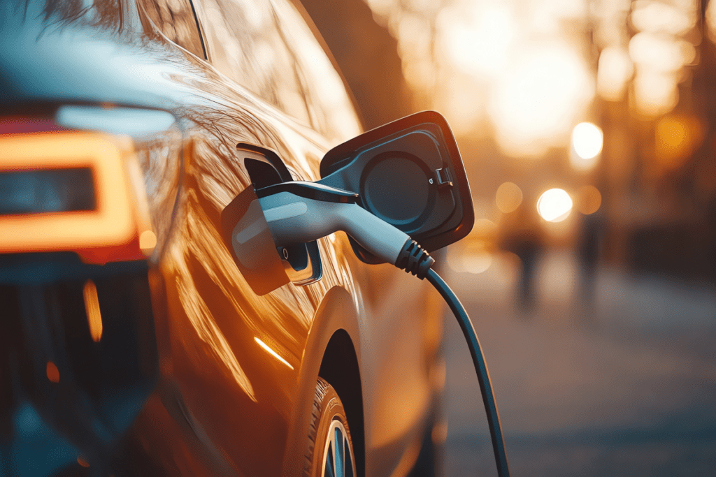 Orange EV car with charging lead plugged in