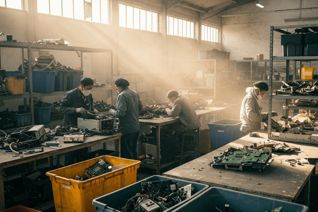 Employees recycling and recovering manufactured parts to be reused - part of the circular economy of products