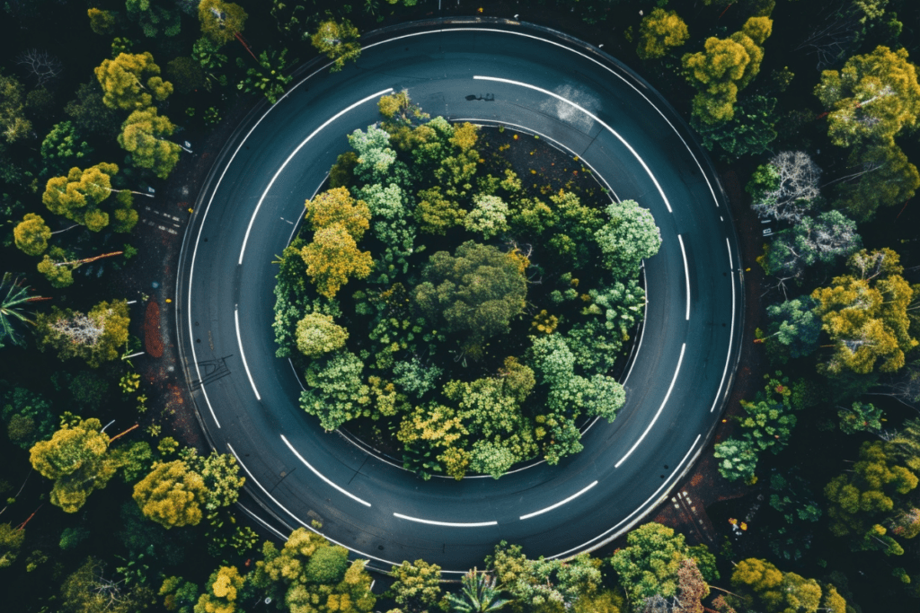 A circular road surrounded by forest.