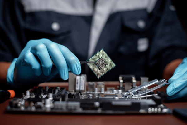 A microchip being placed onto a circuit board