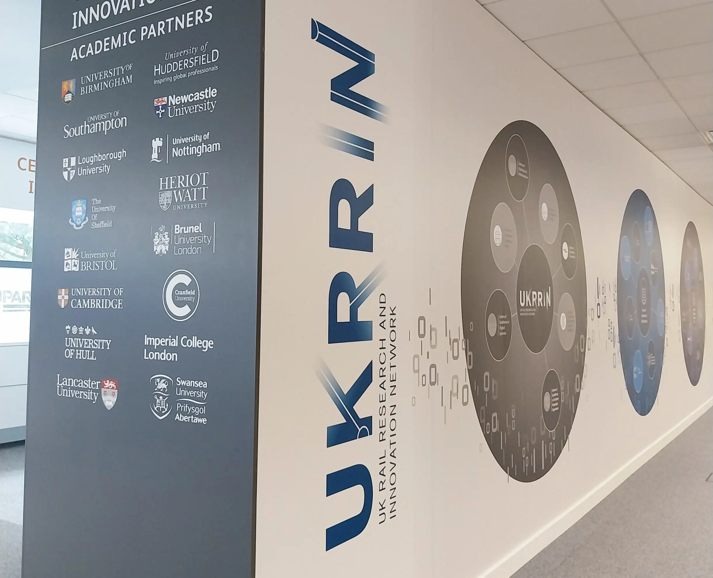 Wall at the UKRRIN technology hub showing UKRRIN logo and logos of academic partners.