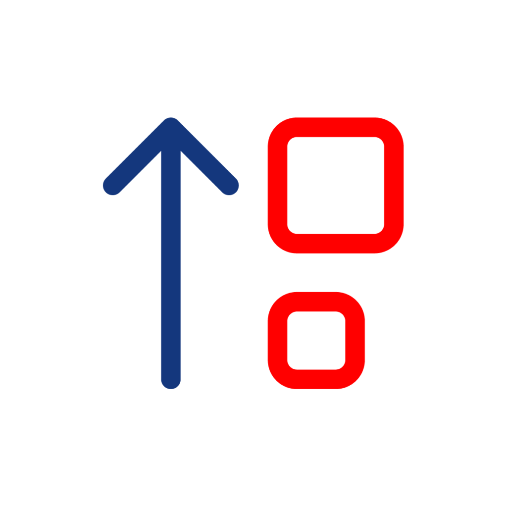 Blue arrow next to two red squares stacked on top of each other.