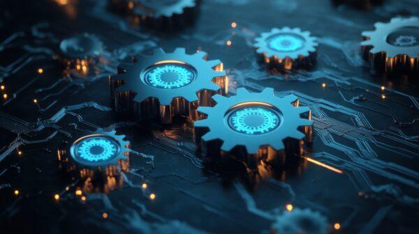 Abstract glowing gear wheels on blue background with connections. Digital engineering and industry concept.