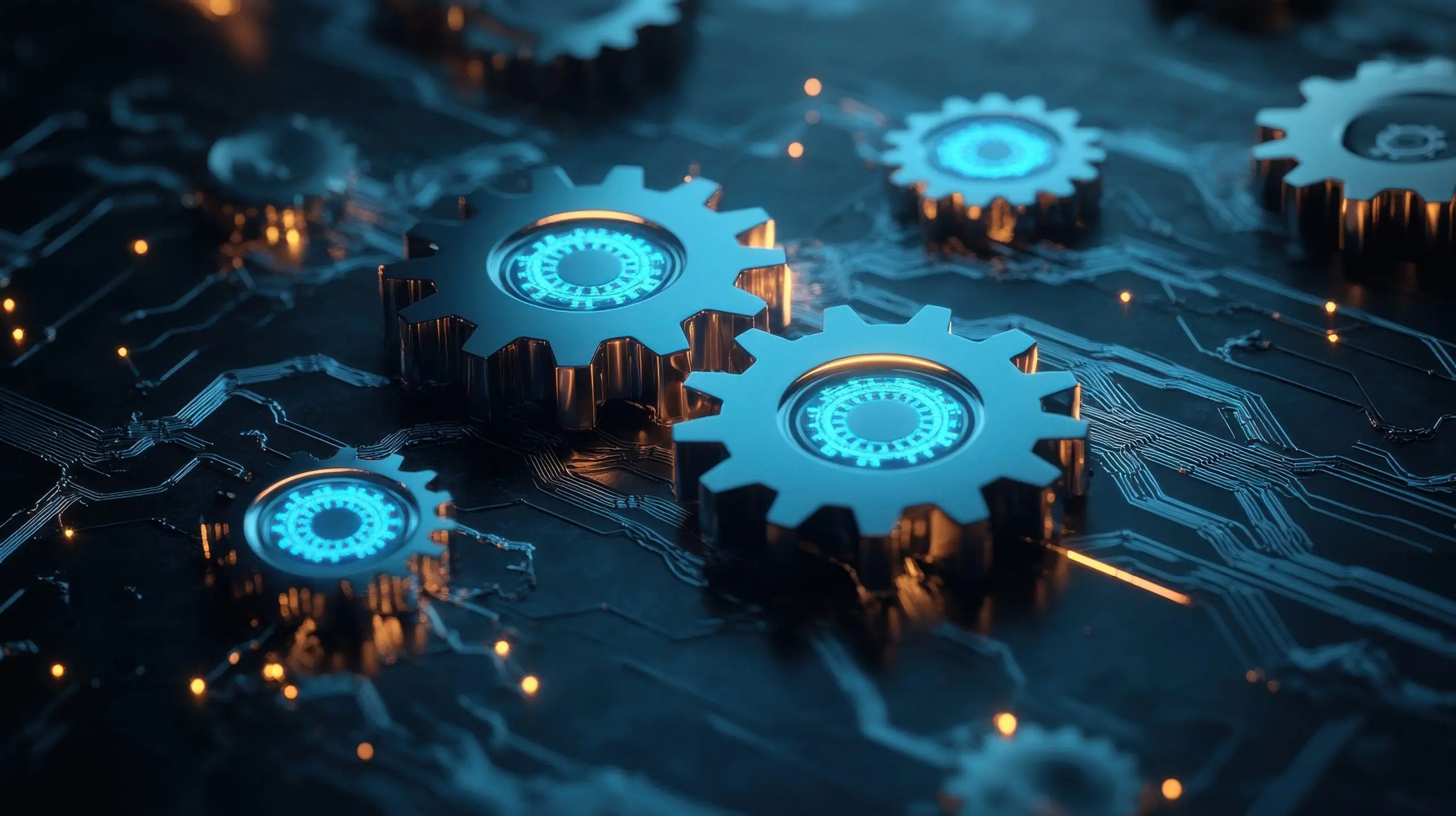 Abstract glowing gear wheels on blue background with connections. Digital engineering and industry concept.