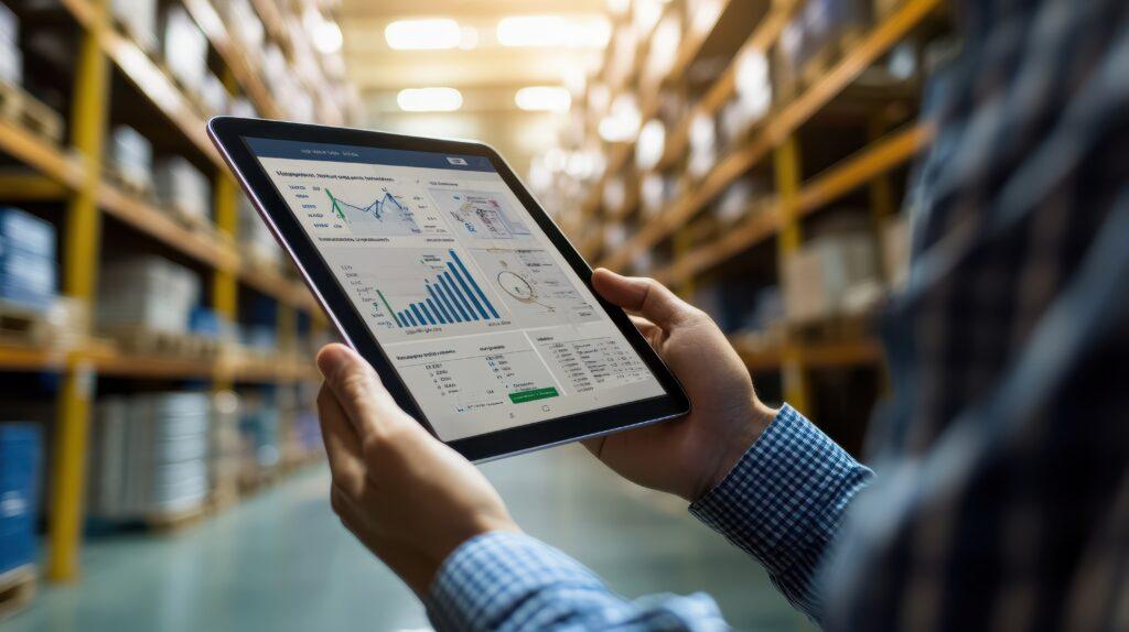 An entrepreneur manages inventory and sales data using a smart business application on a tablet device, optimizing supply chain management, forecasting demand, and maximizing profitability