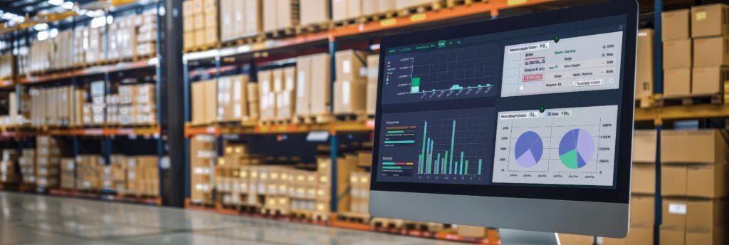 Inventory management system showing real-time stock levels, reorder points, and analytics on a computer screen.
