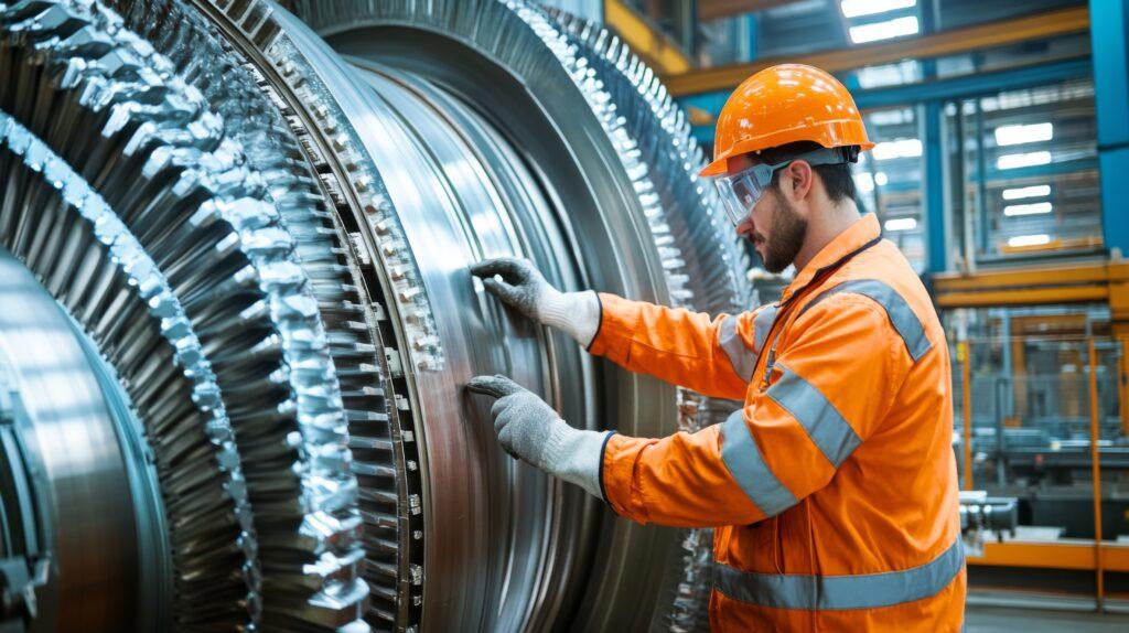 Industrial worker wearing safety gear inspecting large machinery parts in a factory setting