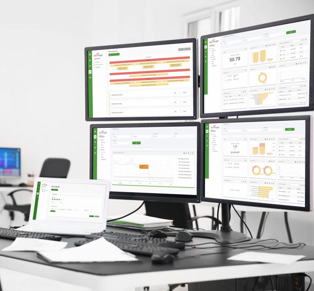 Eco Insight energy monitoring dashboards shown across four desktop screens.