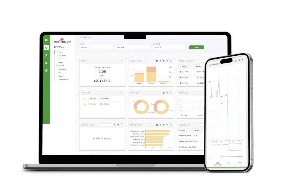Eco Insight dashboard shown on laptop screen with a smart phone in front of it showing energy monitoring analytics.
