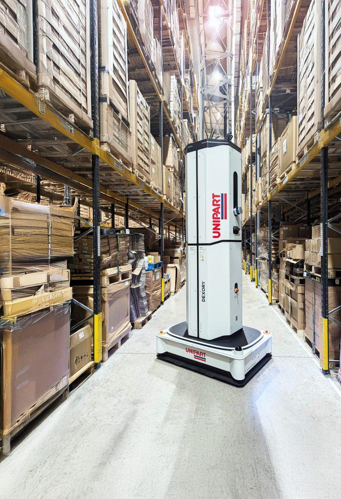 Unipart branded Dexory robot in warehouse